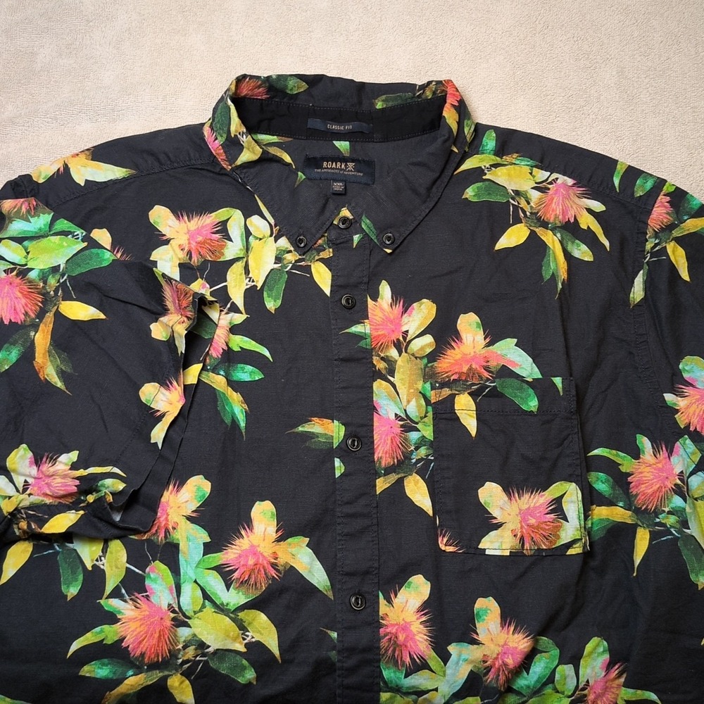 Roark Shirt Mens Sz XXL Black Floral Hawaiian Button Up Classic Fit Linen Cotton